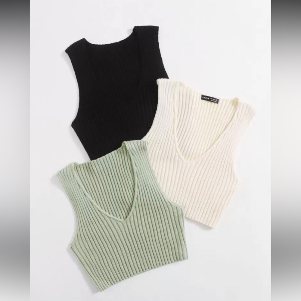 SHEIN 3pcs Plunging Crop Knit Tank Top - Black, Cream, Green